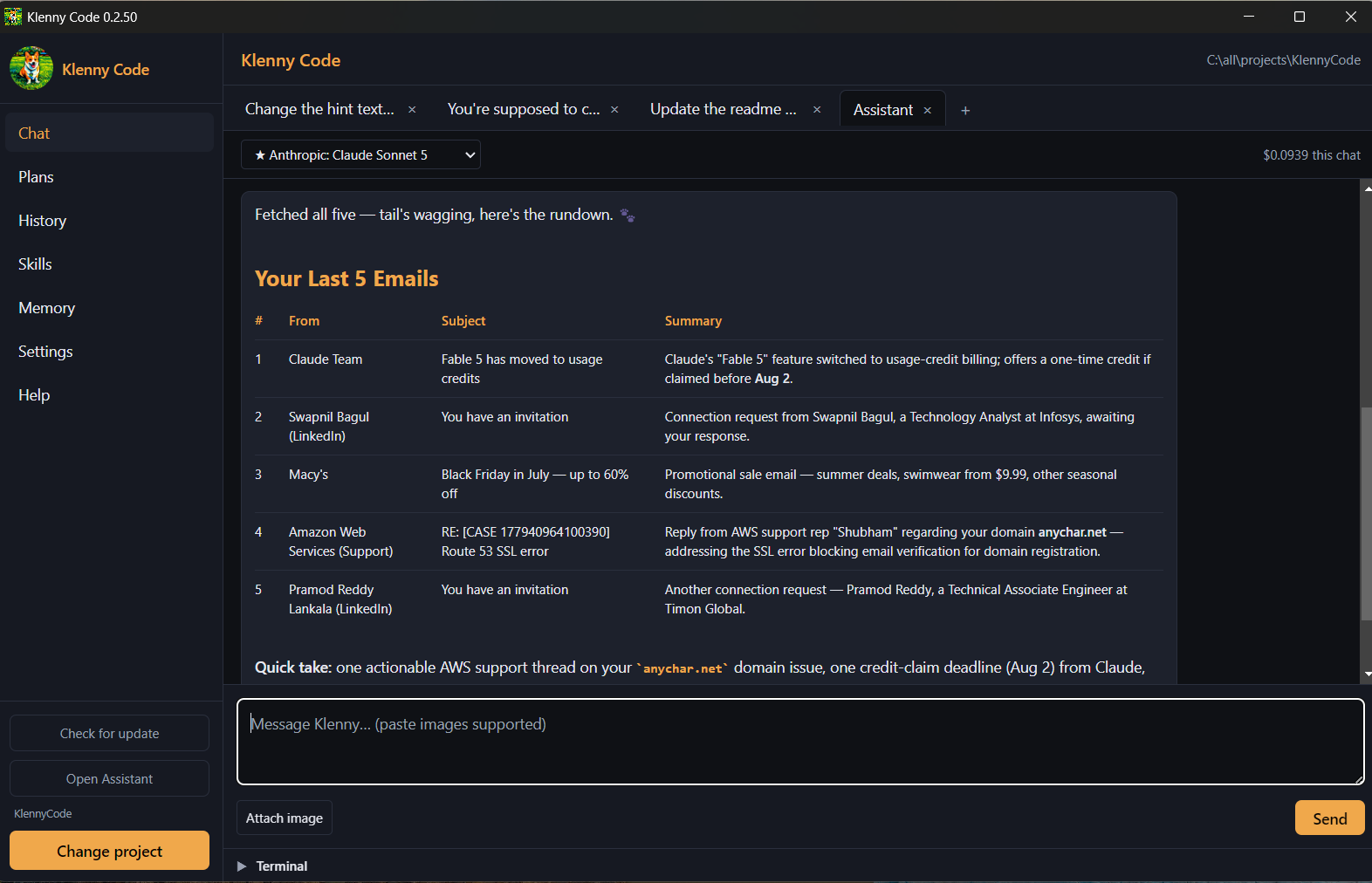 Klenny Code desktop app showing a chat with the AI coding agent