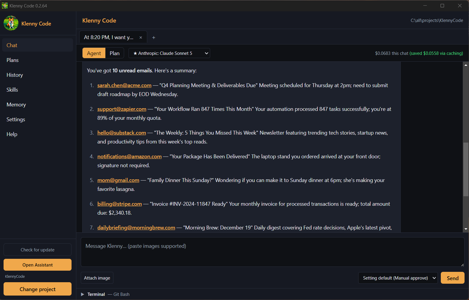 Klenny Code desktop app showing a chat with the AI coding agent